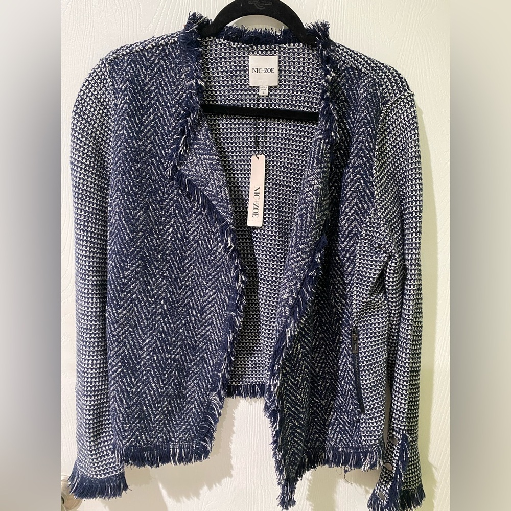 NIC+ZOE Navy and White Frayed Tweed Open Front Jacket